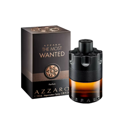 A bottle of Azzaro The Most Wanted perfume next to its dark brown and black packaging box, set against a plain white background.