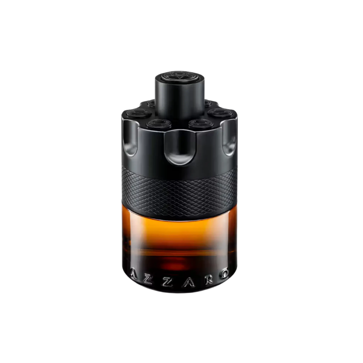 A bottle of Azzaro fragrance with a black textured cylindrical cap and base, featuring amber-brown liquid in the center, isolated on a white background.