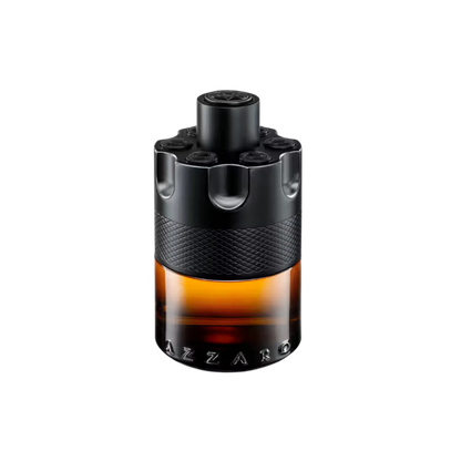 A bottle of Azzaro fragrance with a black textured cylindrical cap and base, featuring amber-brown liquid in the center, isolated on a white background.
