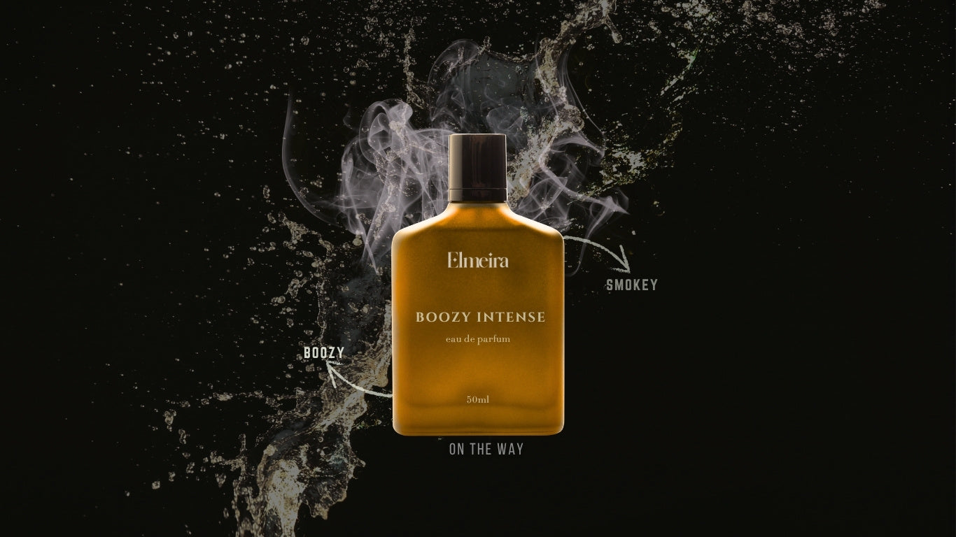 Boozy Intense perfume bottle with smoke effect on a black background