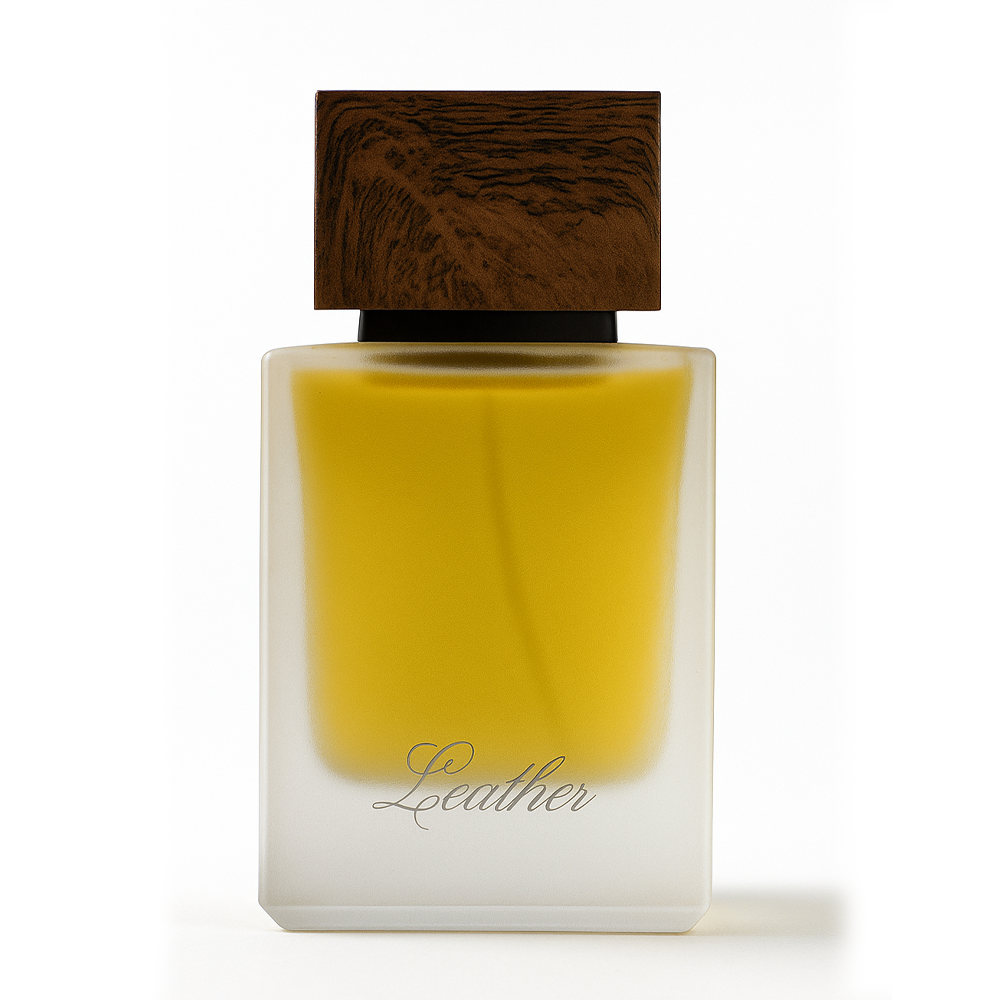 Perfume bottle labeled 'Leather' with a wooden cap on a white background