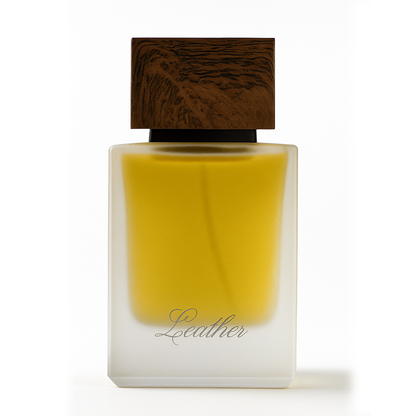 Perfume bottle labeled 'Leather' with a wooden cap on a white background