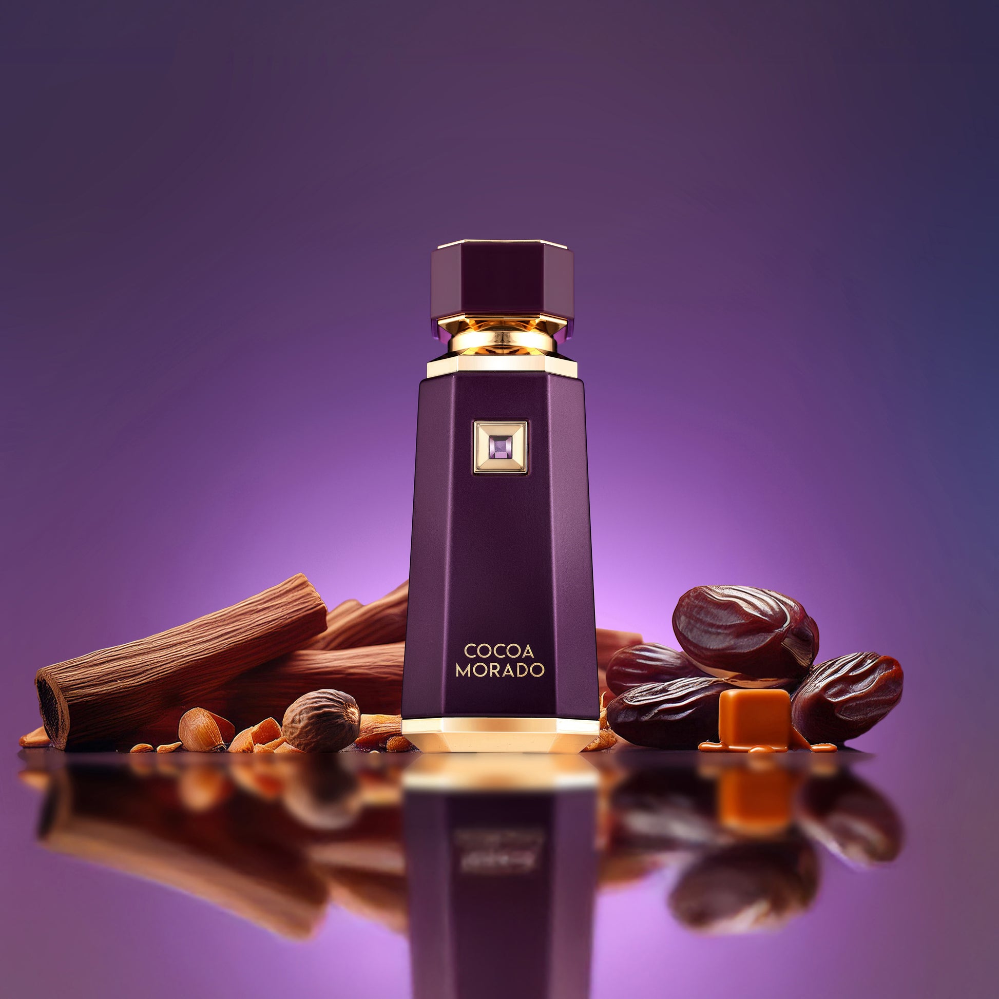 Perfume bottle labeled 'Cocoa Morado' with nuts and spices on a purple background