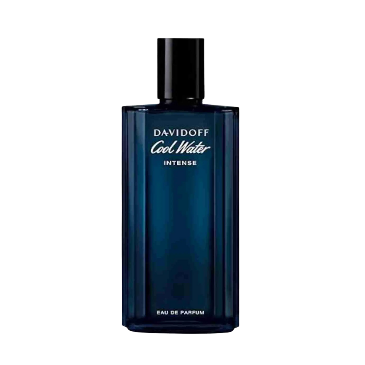 A Davidoff Cool Water Intense Eau de Parfum bottle, featuring a dark blue translucent glass body with a black cap, set against a plain white background.
