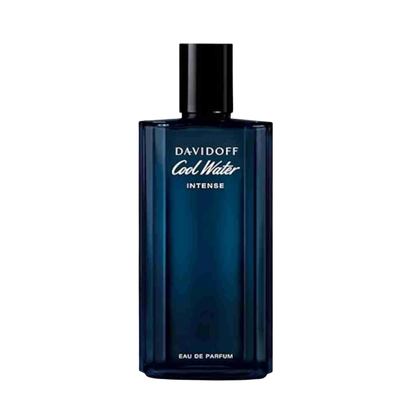 A Davidoff Cool Water Intense Eau de Parfum bottle, featuring a dark blue translucent glass body with a black cap, set against a plain white background.