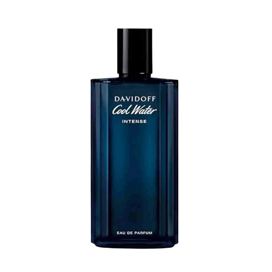 A Davidoff Cool Water Intense Eau de Parfum bottle, featuring a dark blue translucent glass body with a black cap, set against a plain white background.