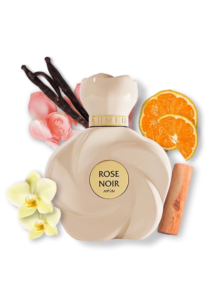 Perfume bottle labeled 'Rose Noir' with vanilla beans, oranges, and flowers on a white background