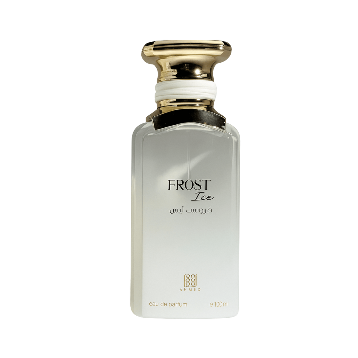 A frosted glass perfume bottle with a metallic gold cap, labeled 'FROST Ice' by the brand Ahmed Al Maghribi, on a solid white background.