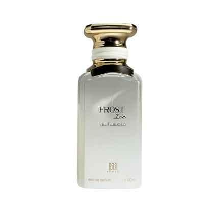 A frosted glass perfume bottle with a metallic gold cap, labeled 'FROST Ice' by the brand Ahmed Al Maghribi, on a solid white background.
