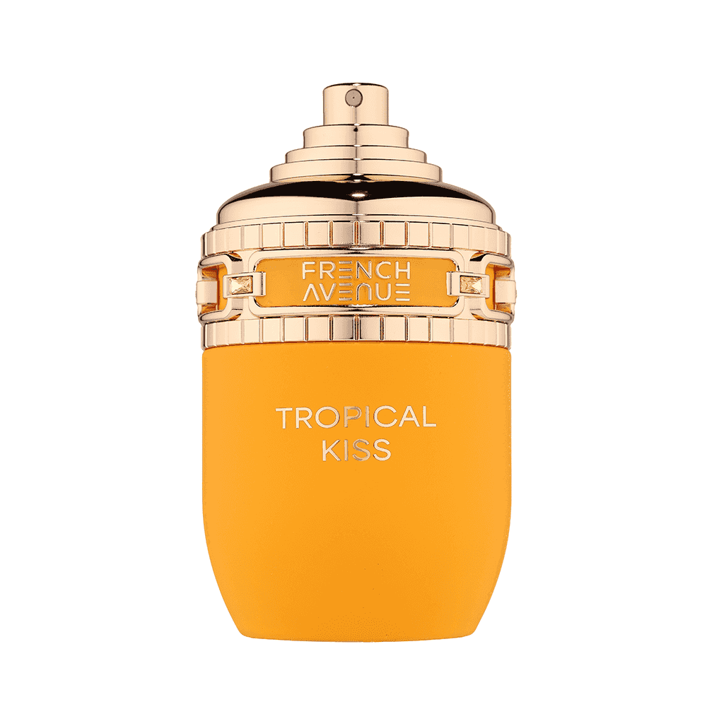 Perfume bottle labeled 'Tropical Kiss' by 'French Avenue' on a white background