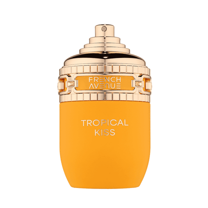Perfume bottle labeled 'Tropical Kiss' by 'French Avenue' on a white background