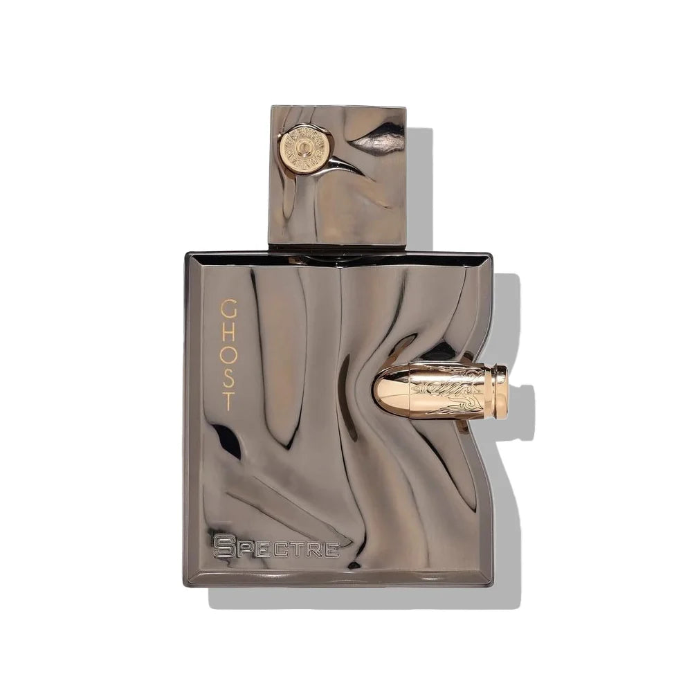 French Avenue Spectre Ghost EDP 80ml metallic perfume bottle with golden accents, long-lasting amber-floral unisex fragrance