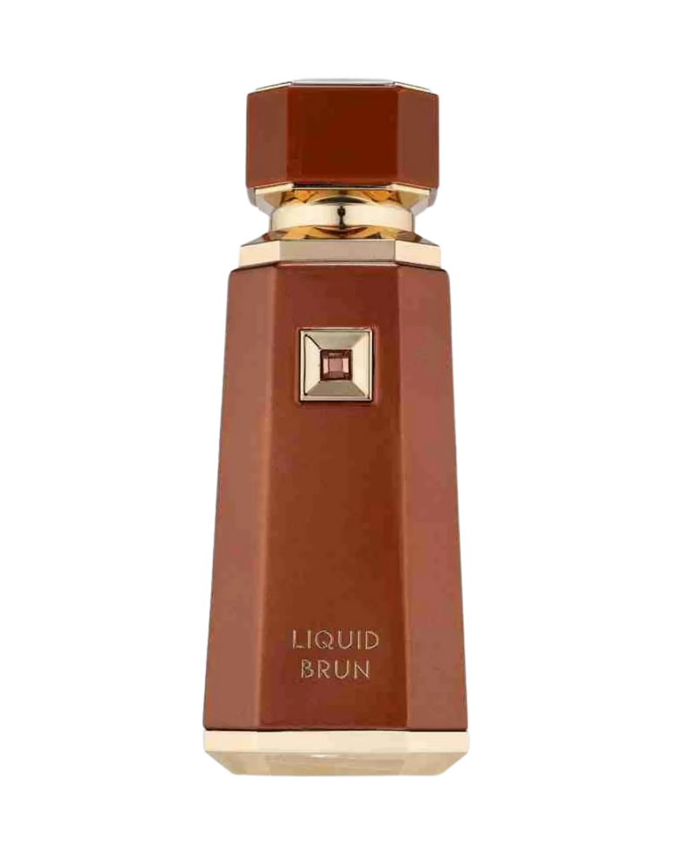 A faceted brown perfume bottle labeled 'LIQUID BRUN' with gold trim and a matching brown cap, centered on a plain white background.
