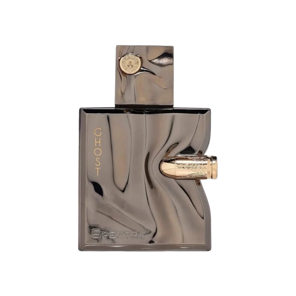 Spectre Ghost edp perfumer featuring a metallic dark gray liquid swirl design, a gold bullet-shaped nozzle, and gold lettering on a white background.