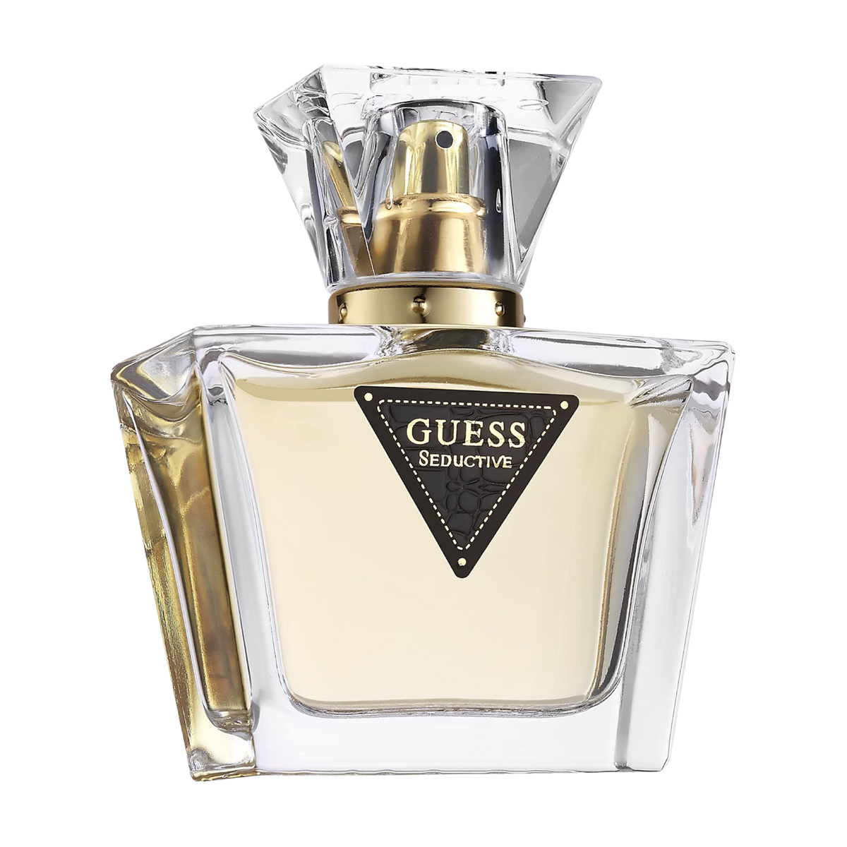 Guess Seductive Eau de Toilette perfume bottle with a faceted clear glass design, gold spray pump, and a black triangular logo plate on the front.