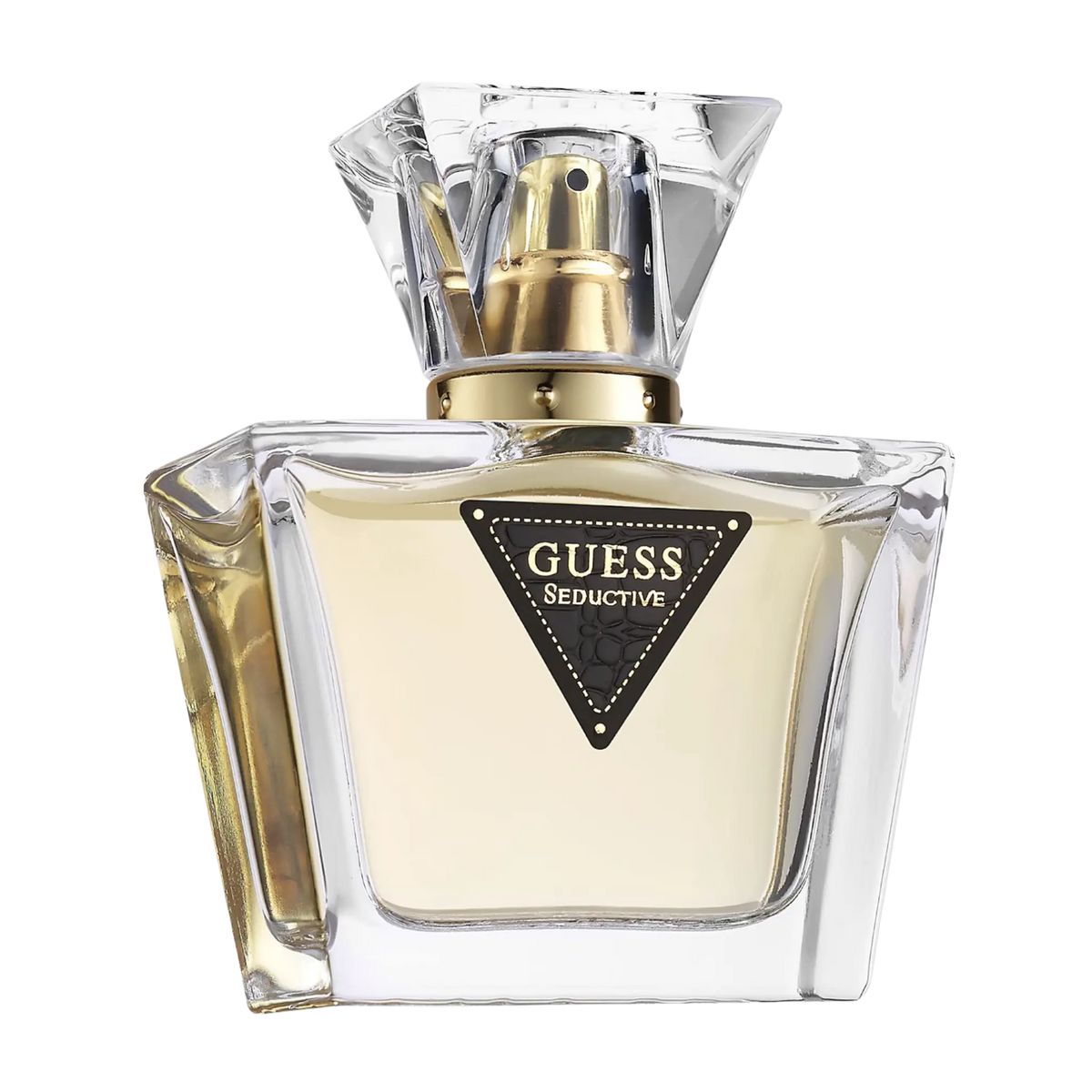 Guess Seductive Eau de Toilette perfume bottle with a faceted clear glass design, gold spray mechanism, and a black triangular logo plate on a white background.