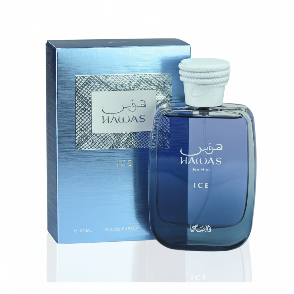 Blue HAWAS perfume bottle and packaging on a white background
