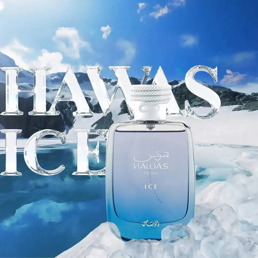Perfume bottle labeled 'Hawas Ice' against a snowy mountain backdrop with 'Hawas Ice' text.