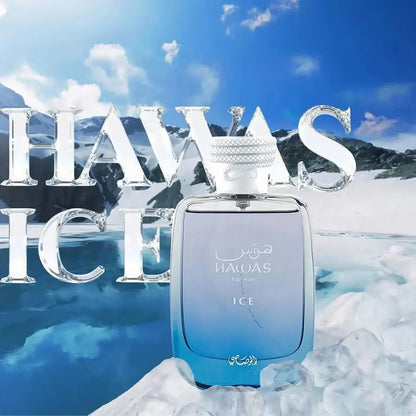 Perfume bottle labeled 'Hawas Ice' against a snowy mountain backdrop with 'Hawas Ice' text.