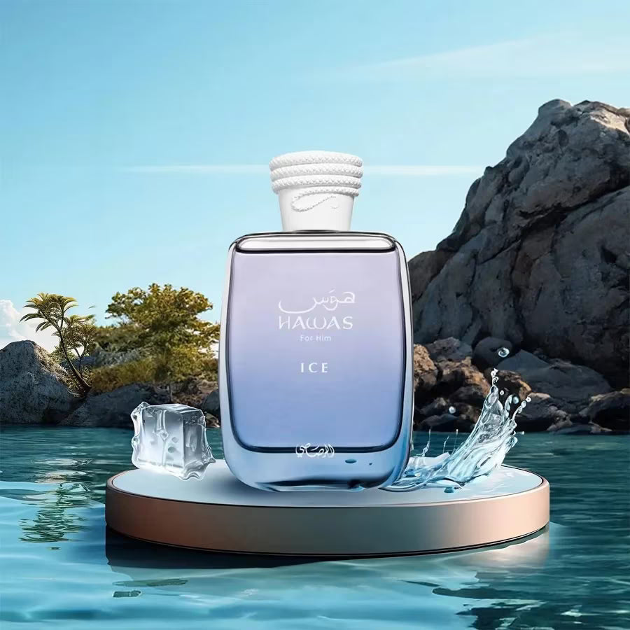 Perfume bottle labeled 'HALUAS' with ice cubes on a water and rock background
