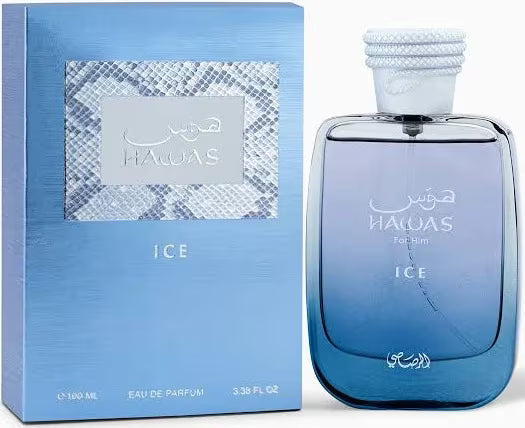 Hiras Ice Eau de Parfum for men, showing the blue gradient glass bottle next to its textured blue packaging box.