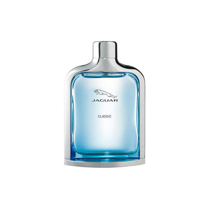 A bottle of Jaguar Classic fragrance with a light blue gradient glass body and a polished silver metallic cap, centered on a plain white background.