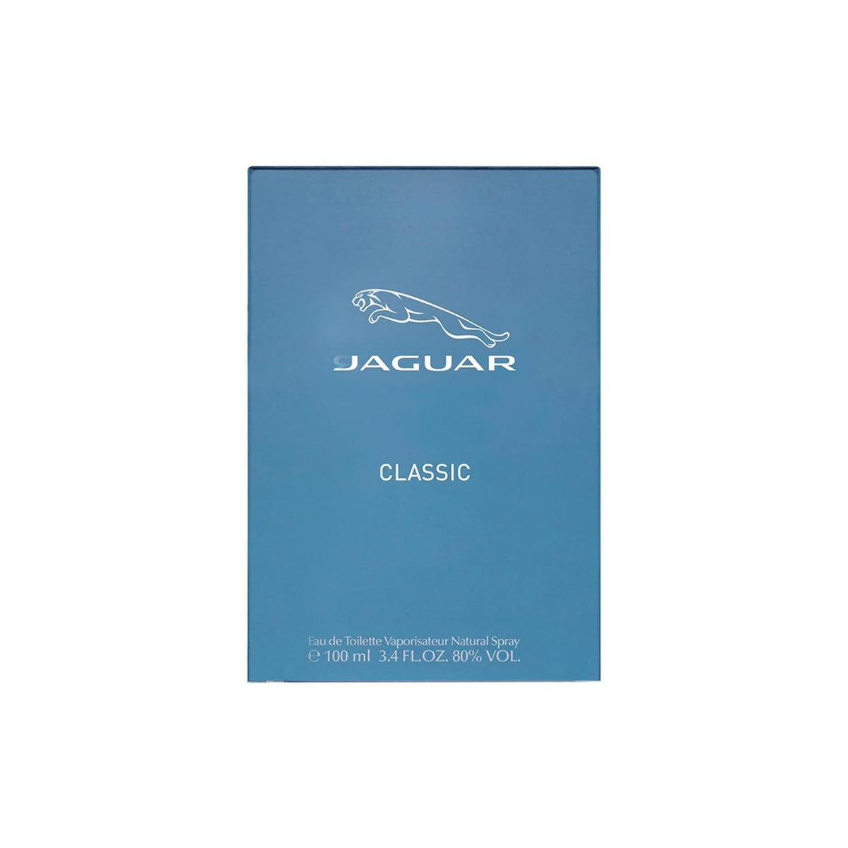 A rectangular blue box for Jaguar Classic fragrance, featuring the white Jaguar leaping cat logo and text, centered on a plain white background.