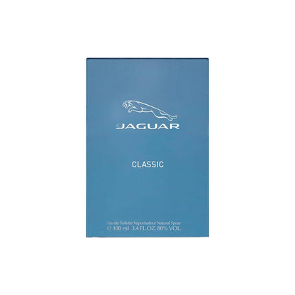 A rectangular blue box for Jaguar Classic fragrance, featuring the white Jaguar leaping cat logo and text, centered on a plain white background.