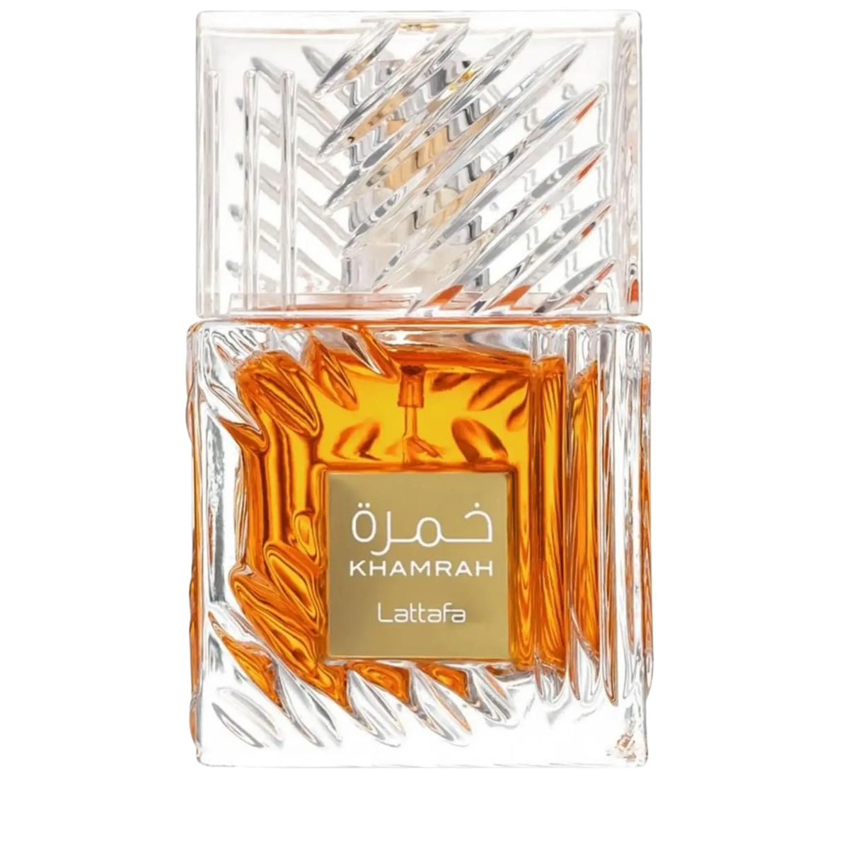 A clear glass perfume bottle with a faceted, geometric transparent cap and a gold label reading 'Khamrah Lattafa' in white text. The bottle is filled with amber-orange liquid and photographed on a plain white background.