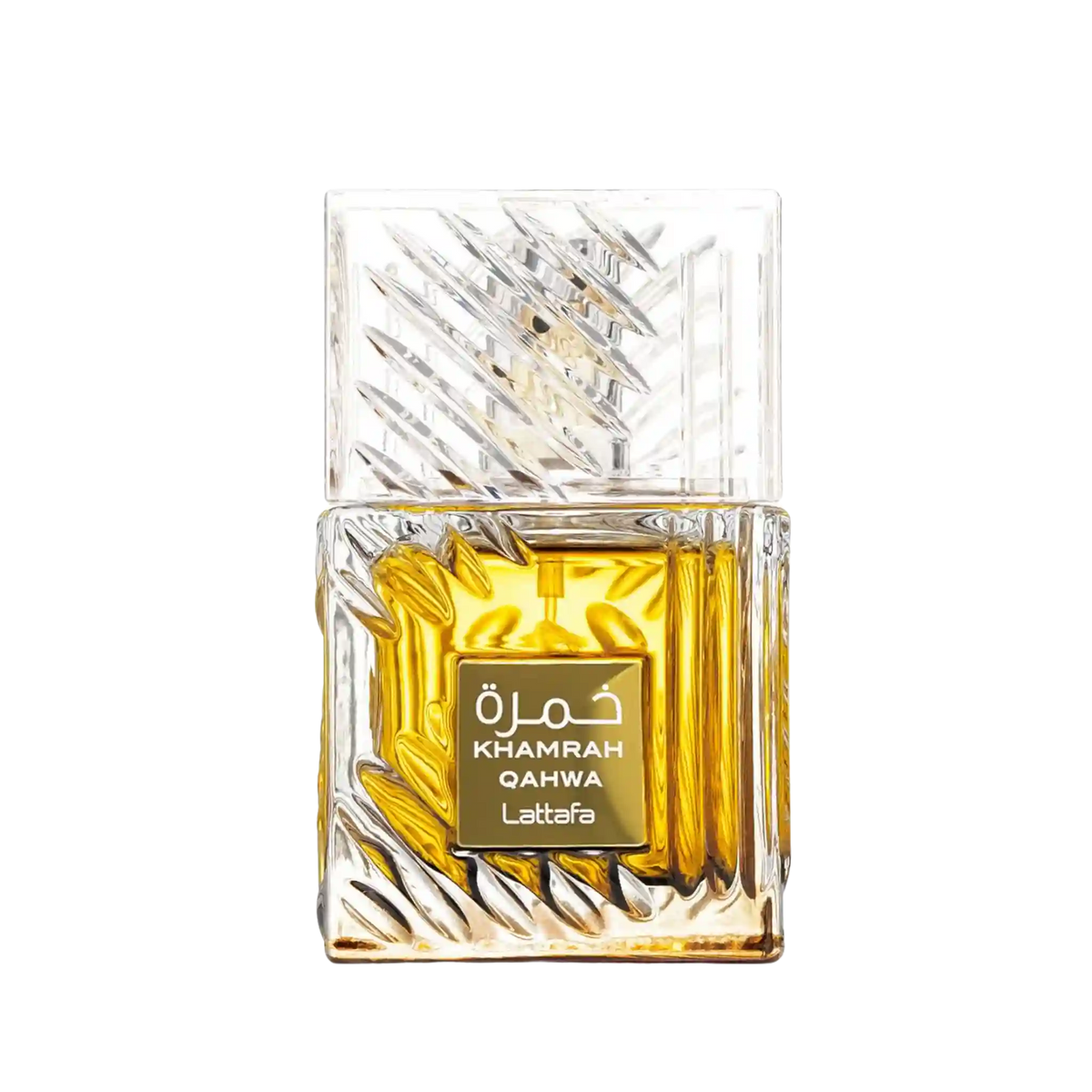 A rectangular glass perfume bottle with a faceted, textured clear cap and base, filled with rich amber-yellow liquid. A gold label on the front reads 'KHAMRAH QAHWA Lattafa' in white text.