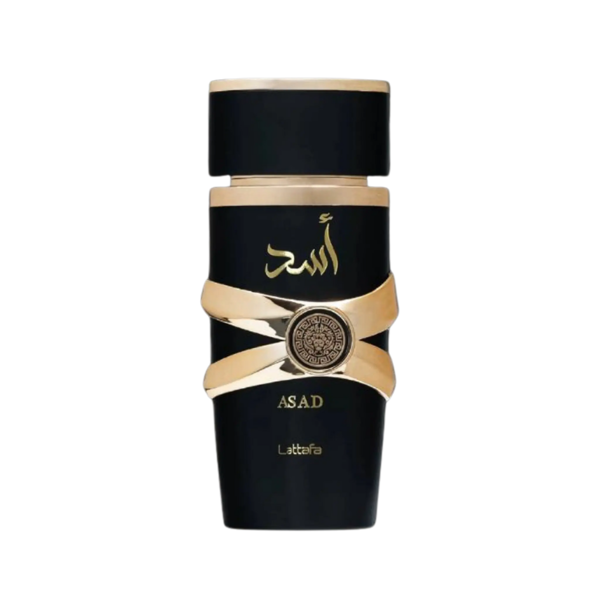 A bottle of Asad Lattafa perfume with a glossy black body, gold Arabic calligraphy, and a metallic gold band around the middle, set against a plain white background.