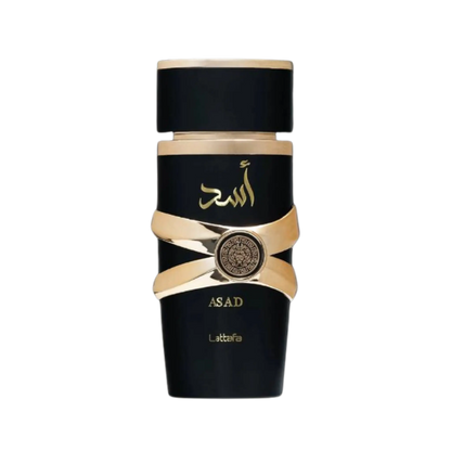 A bottle of Asad Lattafa perfume with a glossy black body, gold Arabic calligraphy, and a metallic gold band around the middle, set against a plain white background.