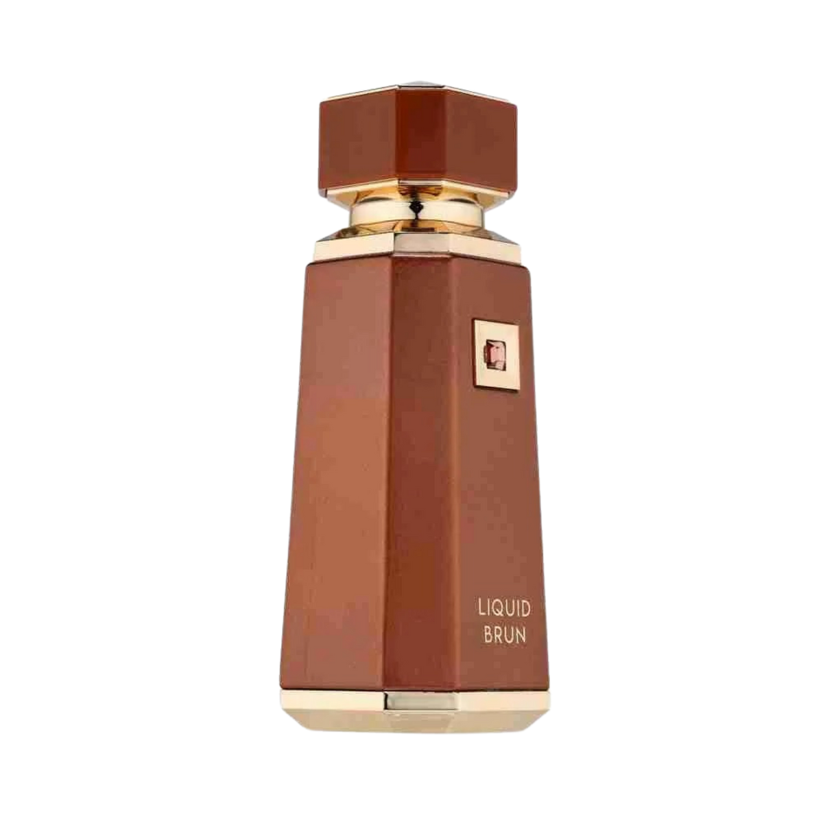 A faceted brown perfume bottle with gold trim and a small gold square logo, labeled 'LIQUID BRUN' on a plain white background.