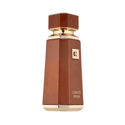 A faceted brown perfume bottle with gold trim and a small gold square logo, labeled 'LIQUID BRUN' on a plain white background.