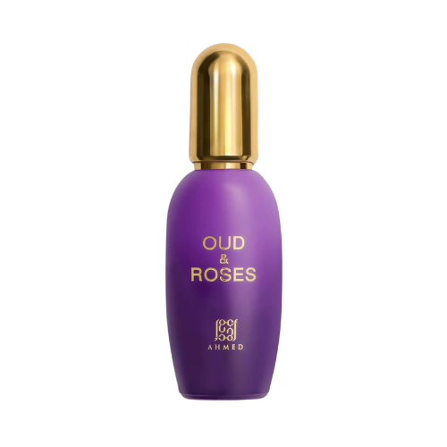 A purple cosmetic bottle with a metallic gold cap, featuring the text 'OUD & ROSES' and the 'por ahmed' logo in gold on a clean white background.