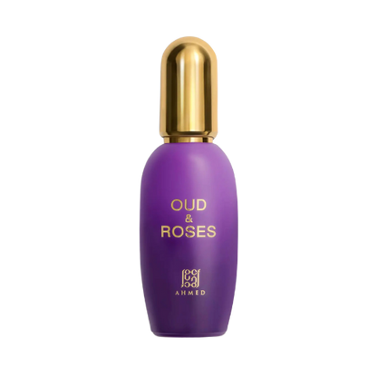 A purple cosmetic bottle with a metallic gold cap, featuring the text 'OUD & ROSES' and the 'por ahmed' logo in gold on a clean white background.