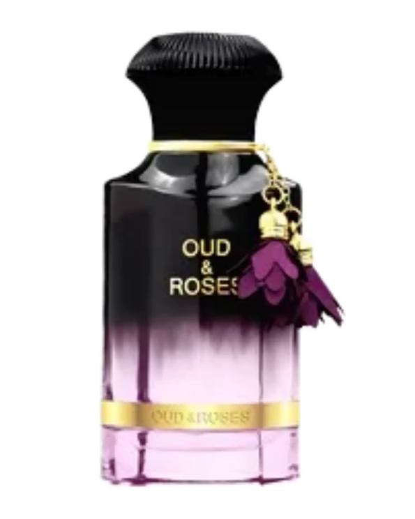 Oud & Roses perfume bottle with a black cap, purple-to-pink gradient glass, gold lettering, and a purple flower charm on a white background.