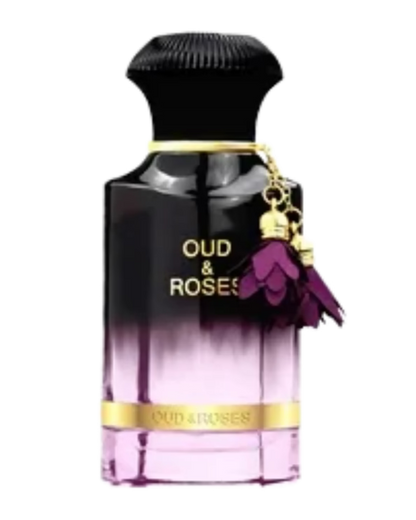Oud & Roses perfume bottle with a black cap, purple-to-pink gradient glass, gold lettering, and a purple flower charm on a white background.