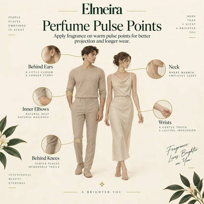 Elmeira perfume pulse points guide — where to apply fragrance: neck, behind ears, inner elbows, wrists and behind knees