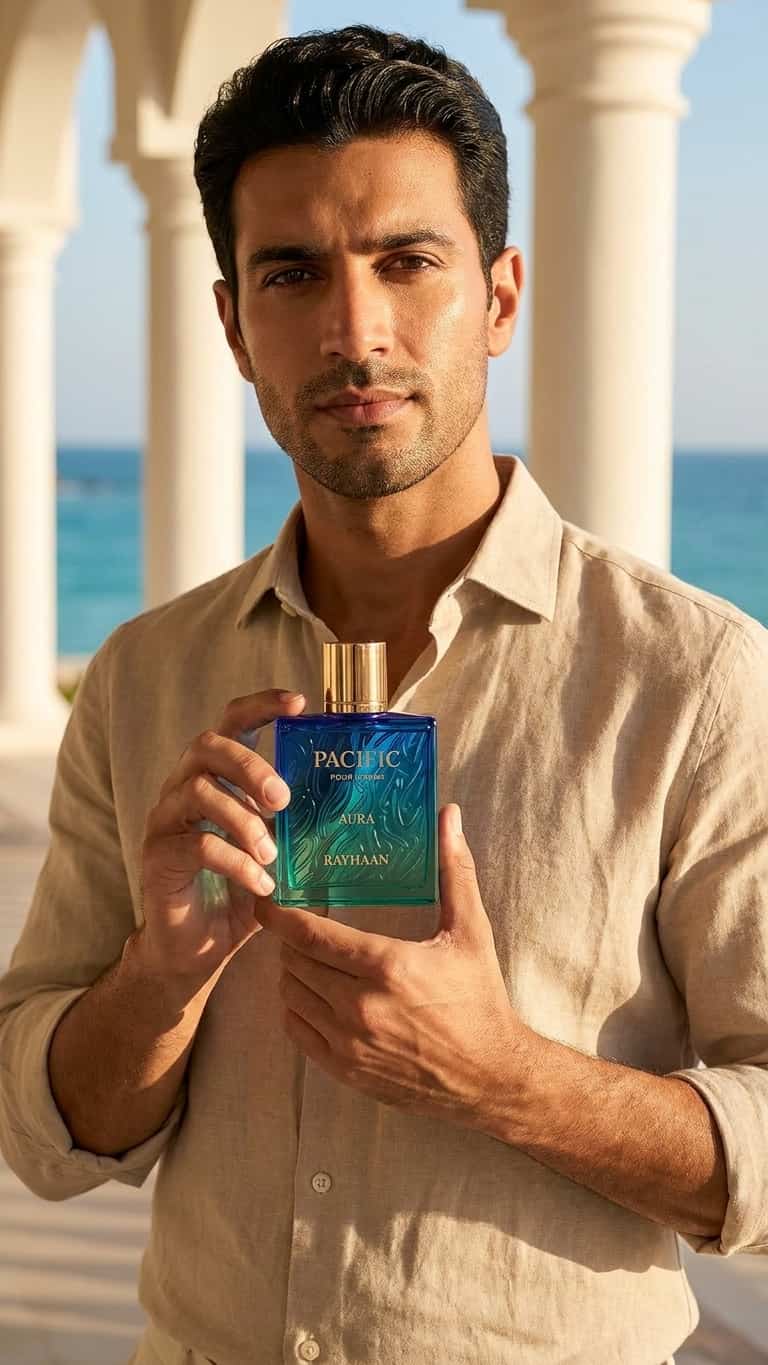 A man in a beige linen shirt holds a Pacific Blue Kenzo fragrance bottle in front of a sunny outdoor background with white columns and the ocean.