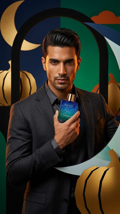 A man in a dark gray suit holds a blue and green perfume bottle with a gold cap against a stylized graphic background featuring a crescent moon, pumpkins, and abstract shapes.