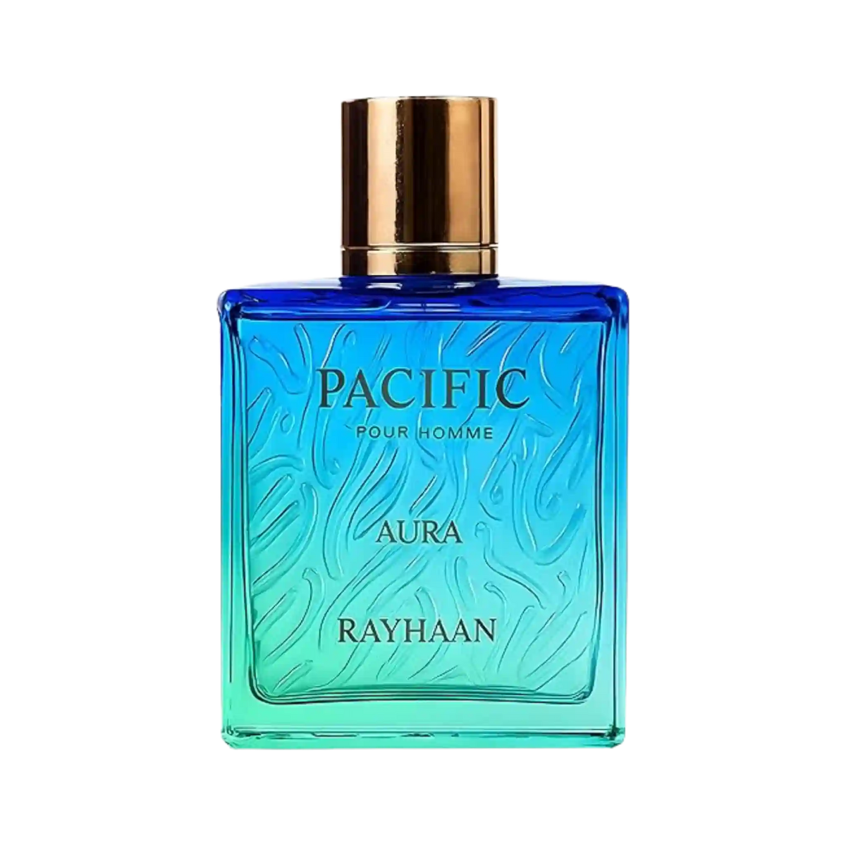A rectangular glass perfume bottle for men with a blue-to-turquoise gradient, featuring a metallic gold cap and gold lettering that reads 'PACIFIC POUR HOMME', 'AURA', and 'RAYHAAN'.
