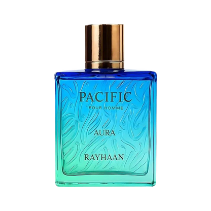 A rectangular glass perfume bottle for men with a blue-to-turquoise gradient, featuring a metallic gold cap and gold lettering that reads 'PACIFIC POUR HOMME', 'AURA', and 'RAYHAAN'.