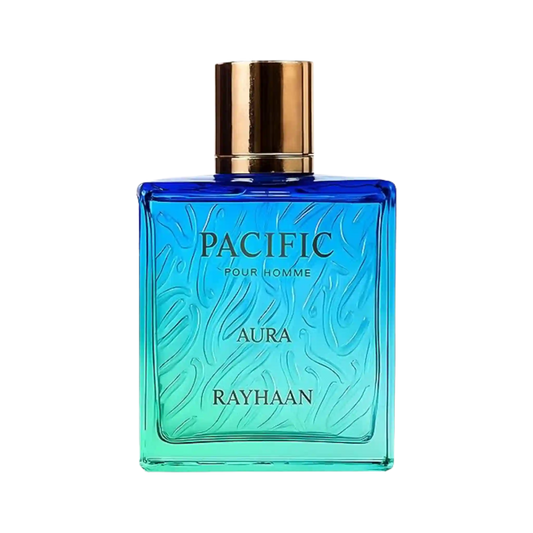 A rectangular glass perfume bottle for men with a blue-to-turquoise gradient, featuring a metallic gold cap and gold lettering that reads 'PACIFIC POUR HOMME', 'AURA', and 'RAYHAAN'.