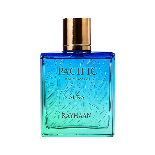 A rectangular glass perfume bottle for men with a blue-to-turquoise gradient, featuring a metallic gold cap and gold lettering that reads 'PACIFIC POUR HOMME', 'AURA', and 'RAYHAAN'.