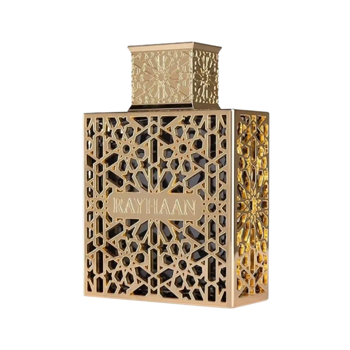 A luxury perfume bottle with intricate geometric gold cutout patterns, featuring a gold cap and a central gold label that reads 'RAYHAAN'.
