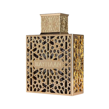 A luxury perfume bottle with intricate geometric gold cutout patterns, featuring a gold cap and a central gold label that reads 'RAYHAAN'.