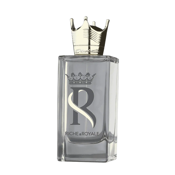 A rectangular clear glass perfume bottle with a metallic gold crown cap, featuring a large silver 'R' logo and the brand name 'Riche & Royale' on the front, set against a plain white background.