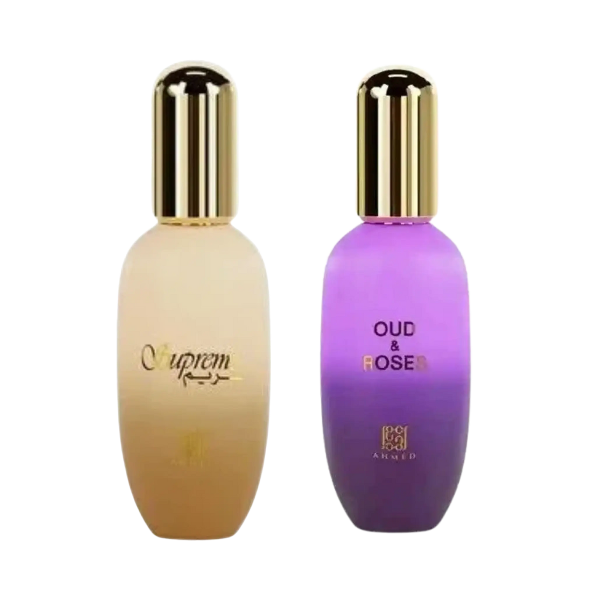 Two cosmetic bottles with gold caps on a white background. The left bottle is supreme and Oud & Rose body gel at elmeira India
