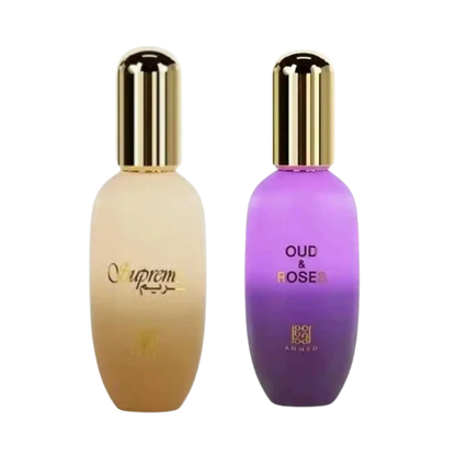Two cosmetic bottles with gold caps on a white background. The left bottle is supreme and Oud & Rose body gel at elmeira India
